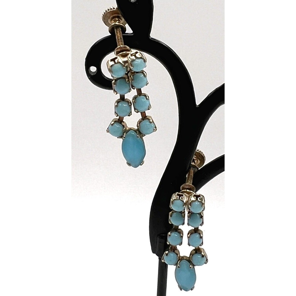 Vintage Silver Tone Blue Cabochon Screw‎ Back Drop Earrings 1"